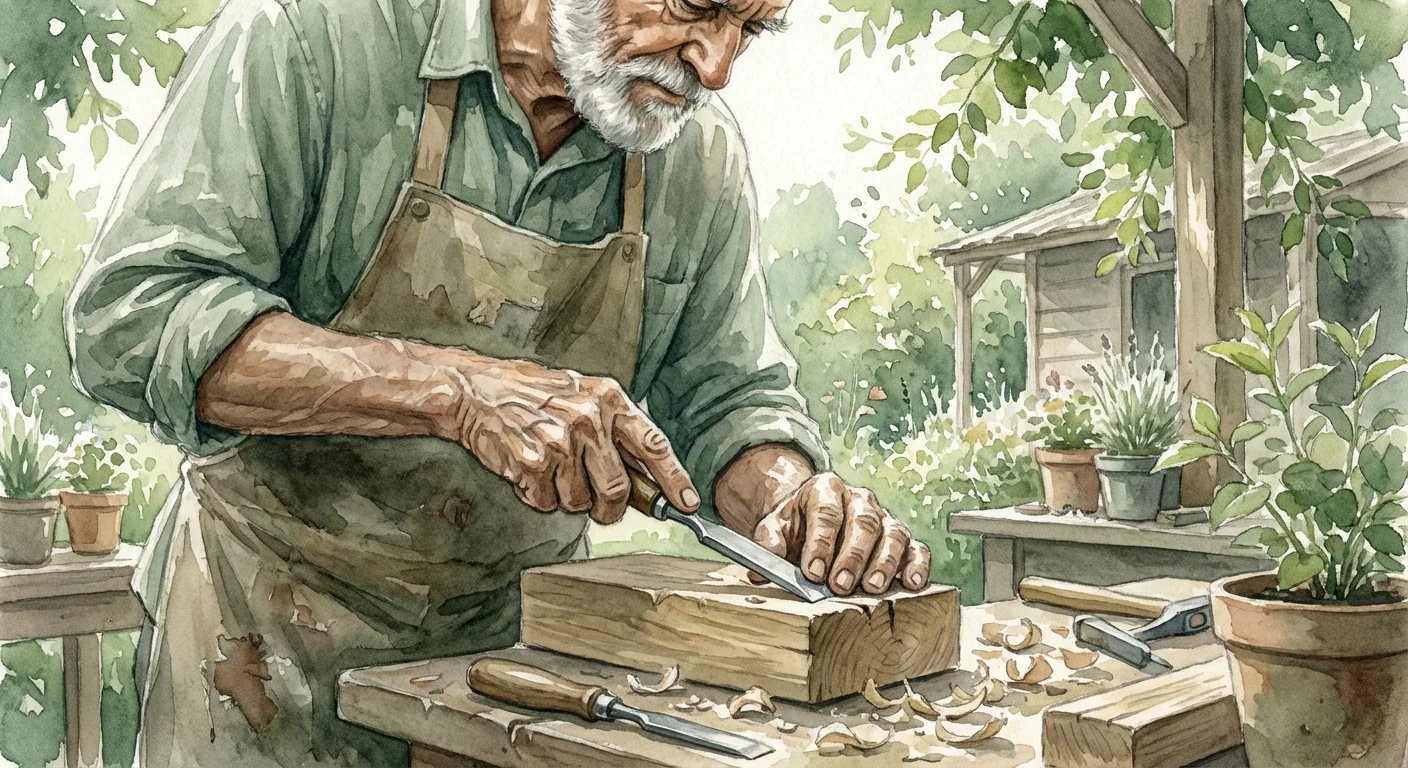 Watercolor of an older man working in a sunlit woodshop, representing lifelong labor.