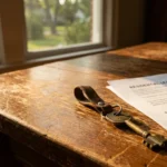 A brass house key sits next to a residential lease agreement on a wooden table, illuminated by morning sunlight.