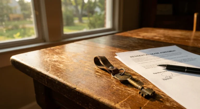 A brass house key sits next to a residential lease agreement on a wooden table, illuminated by morning sunlight.