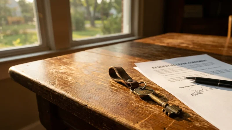 A brass house key sits next to a residential lease agreement on a wooden table, illuminated by morning sunlight.