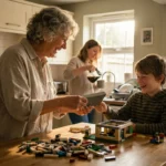 A candid photo of a grandmother and grandson laughing while playing at a kitchen island in a busy, warm family home.