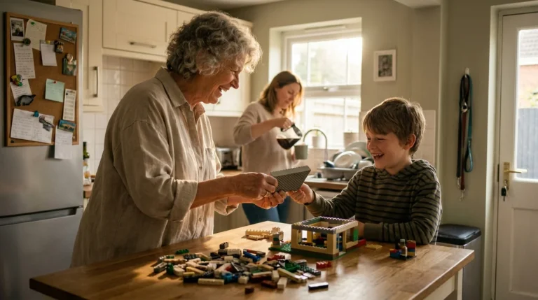 A candid photo of a grandmother and grandson laughing while playing at a kitchen island in a busy, warm family home.