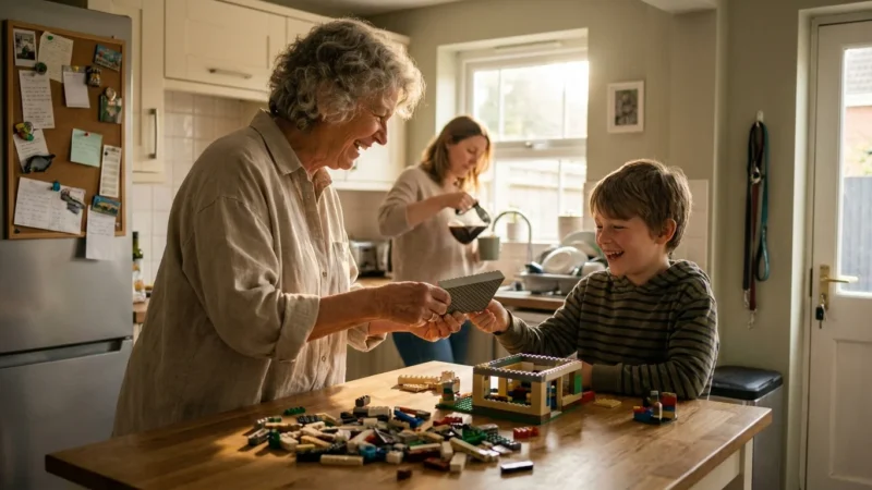 A candid photo of a grandmother and grandson laughing while playing at a kitchen island in a busy, warm family home.
