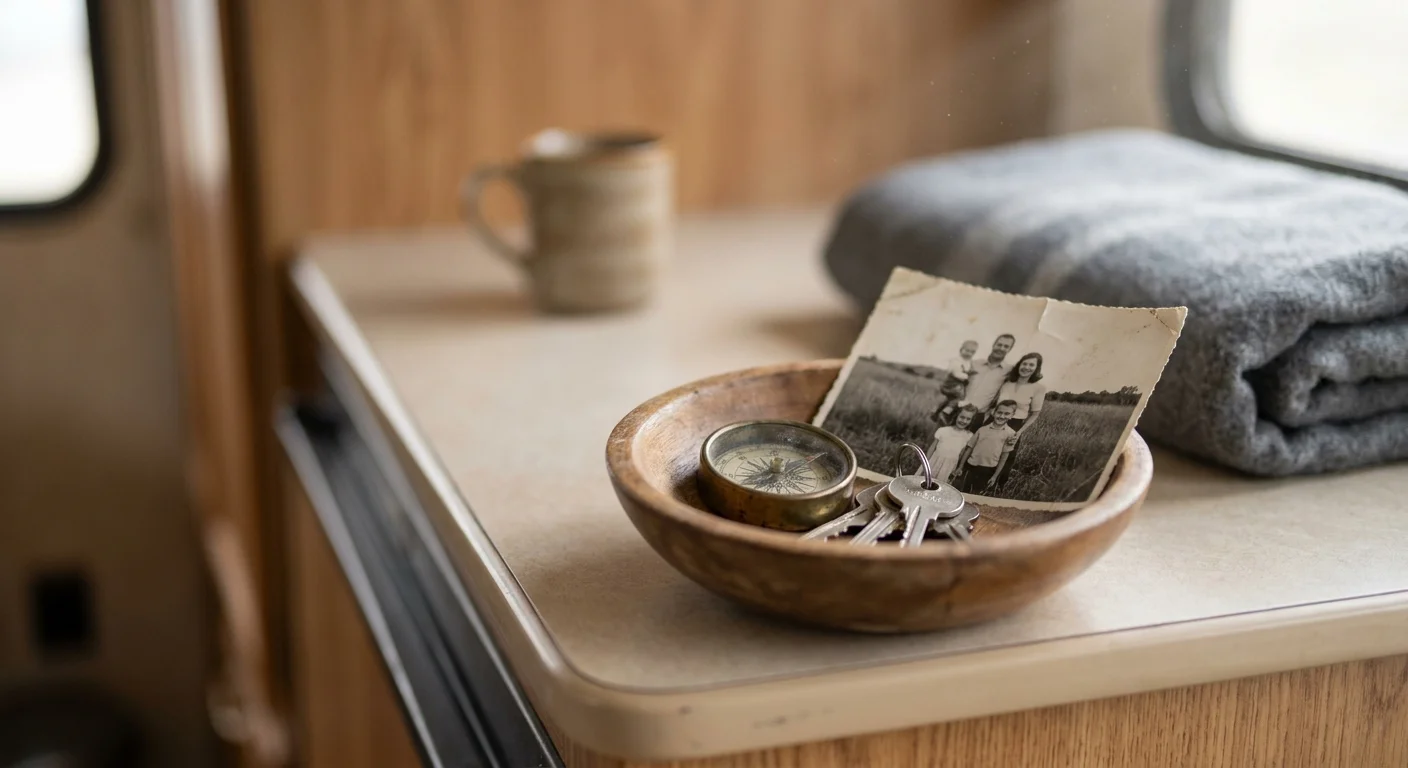 A close-up photo of a few sentimental items in a bowl on an RV counter, representing downsizing.