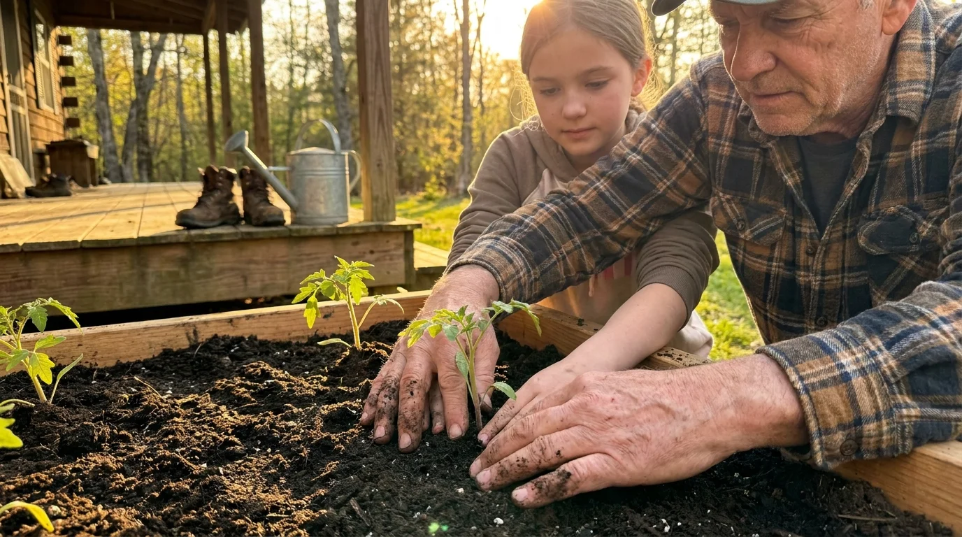 A close-up photo of a grandfather and his teenage granddaughter gardening together in the golden afternoon light.