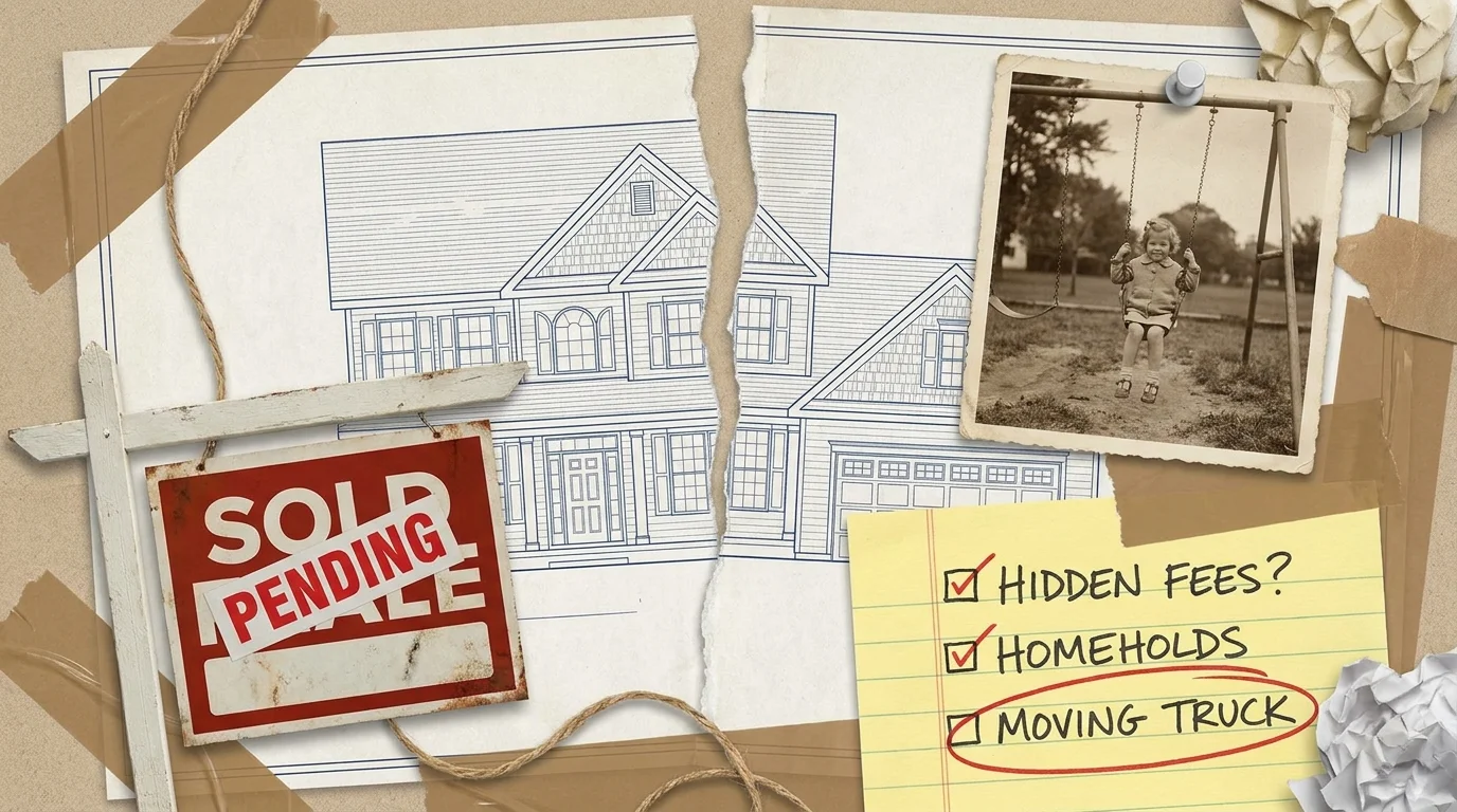 A collage of house blueprints, a 'Sold' sign, and a handwritten checklist of hidden moving costs.
