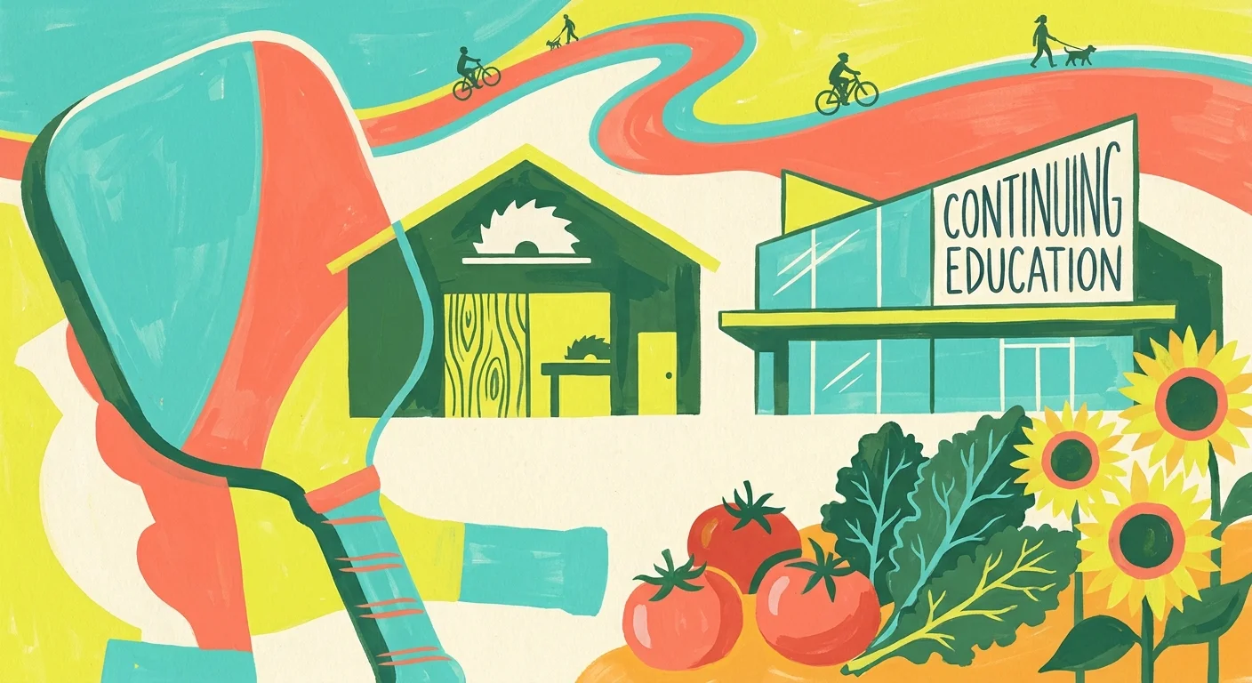 A colorful gouache illustration showing icons for pickleball, gardening, woodworking, and education in a modern retirement setting.