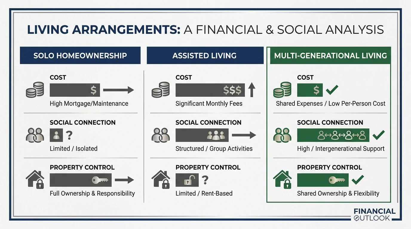 A comparison chart showing how multi-generational living compares to solo homeownership and assisted living in cost and social connection.