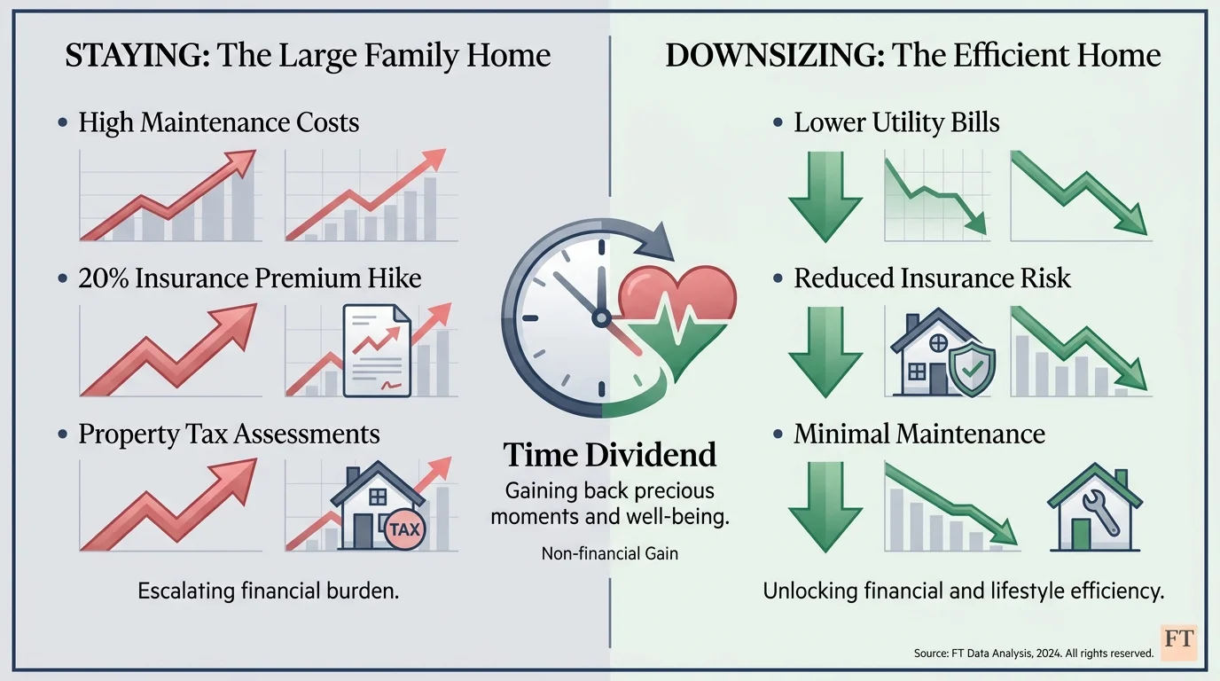 A comparison chart showing the high costs of staying in a large home versus the savings and efficiency of downsizing.