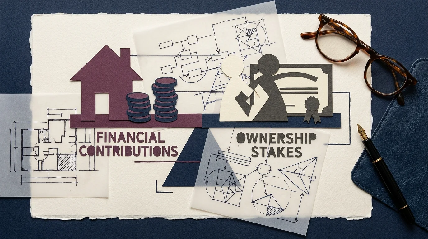 A conceptual collage of paper, a pen, and glasses, representing the legal and financial planning required for multi-generational homes.