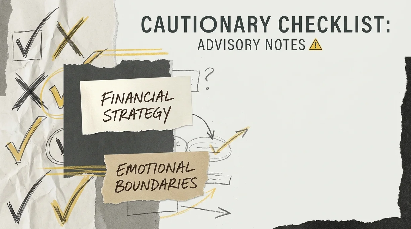 A conceptual mixed media piece with symbols representing a checklist of things to consider when moving in with family.