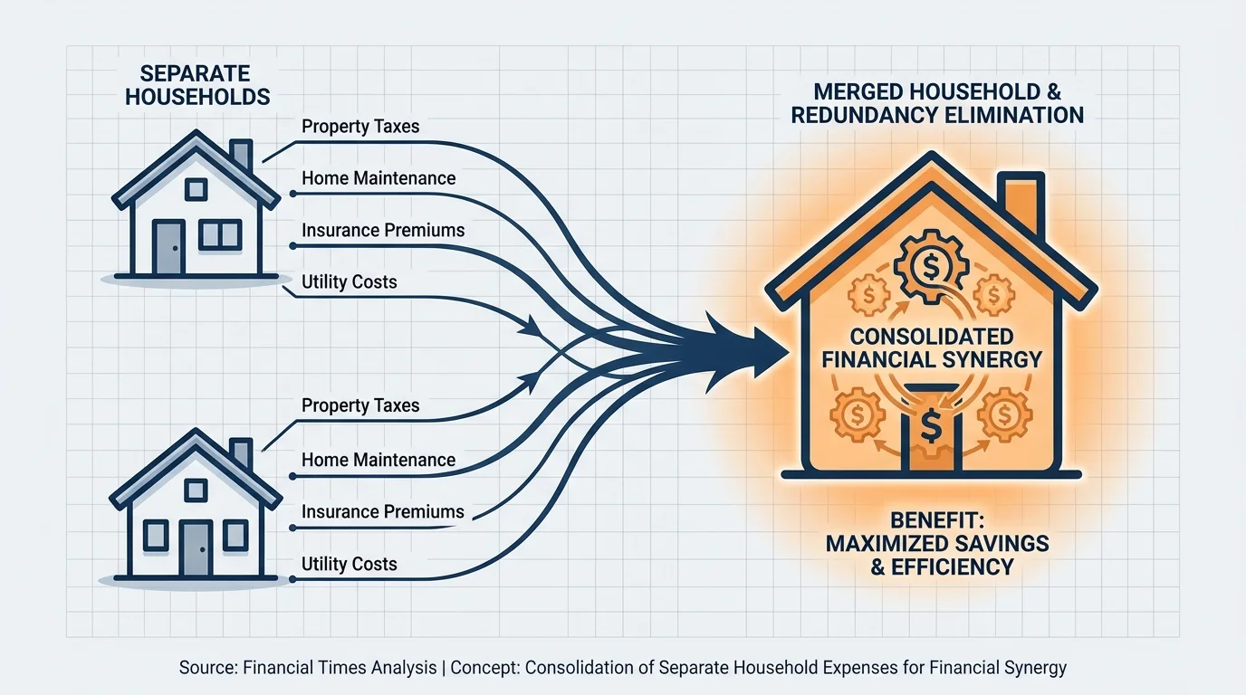 A diagram showing how separate costs like property taxes and utilities are consolidated into one household in a multi-generational living ar