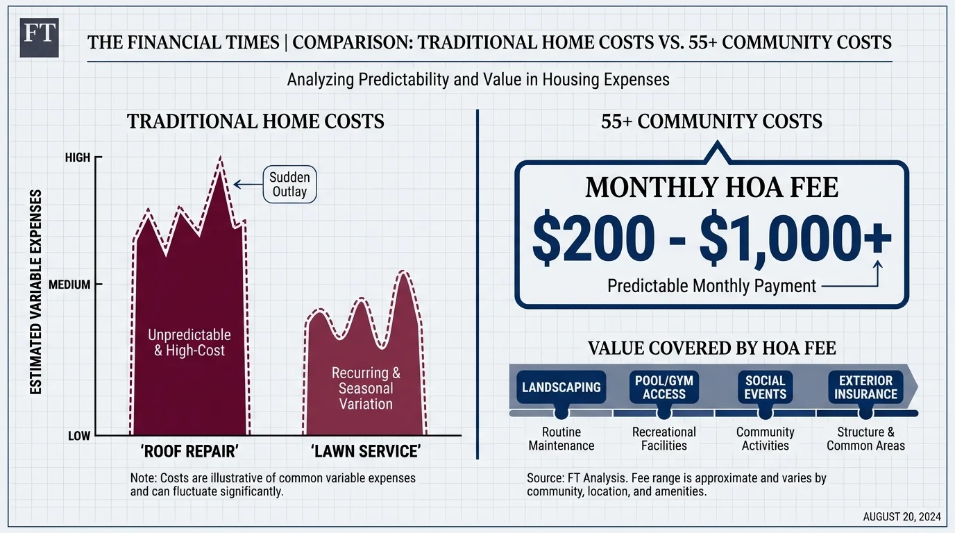A financial infographic comparing traditional home costs with 55 plus community HOA fees ranging from $200 to over $1000.