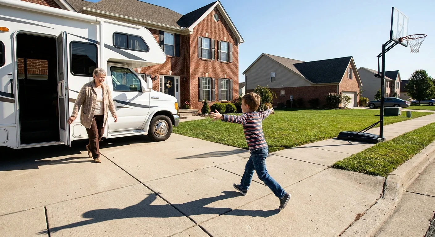 A grandmother greets her grandchild in a suburban driveway next to her parked RV.