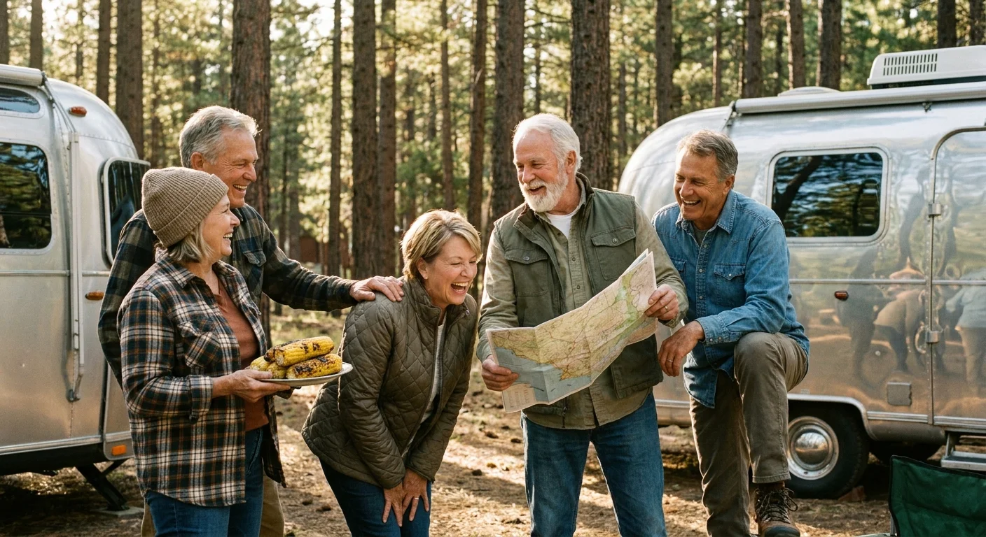 A group of retired RVers laughing and sharing a meal together at a wooded campsite.