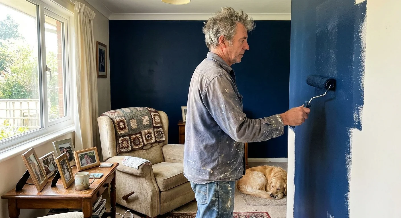 A man in his 60s is seen from the side as he paints a wall in his own home, surrounded by personal furniture.