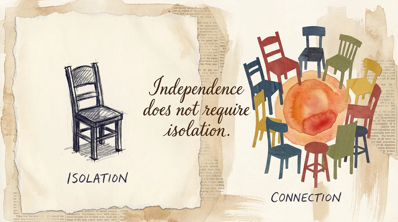 A mixed media collage showing the shift from a lonely chair to a cluster of chairs around a table, symbolizing the move from isolation to co