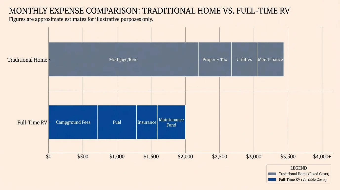 A professional bar chart comparing the monthly costs of a traditional home versus full-time RV living.
