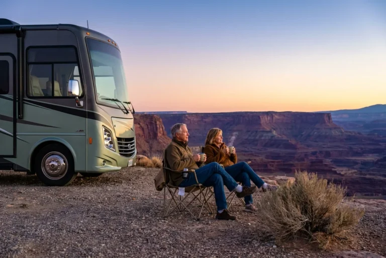A retired couple sits outside their motorhome at sunrise overlooking a vast desert canyon.