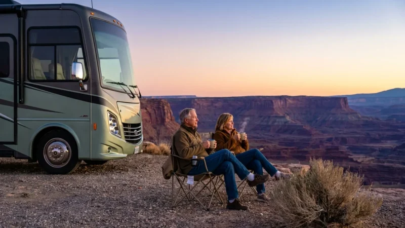 A retired couple sits outside their motorhome at sunrise overlooking a vast desert canyon.