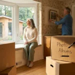 A retiree couple in a large sunlit living room with packing boxes, looking out at a smaller cottage in the yard.