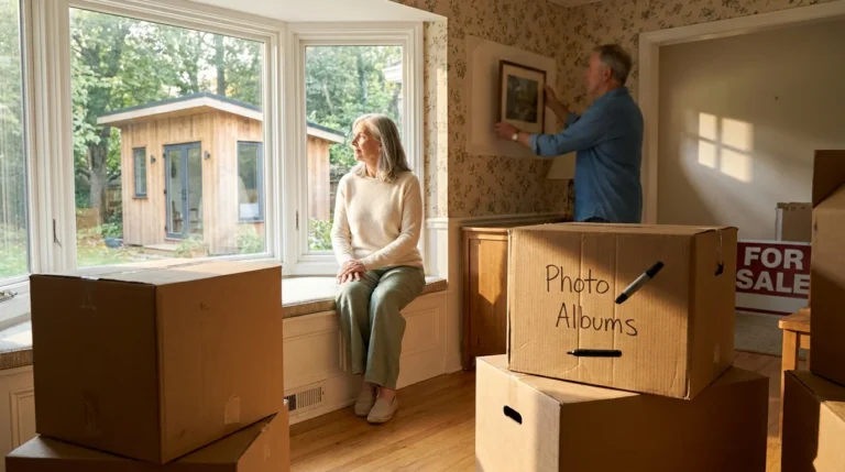 A retiree couple in a large sunlit living room with packing boxes, looking out at a smaller cottage in the yard.