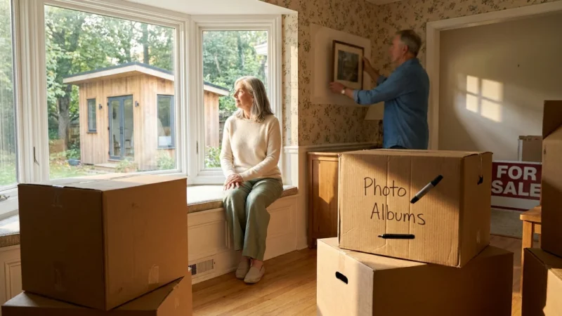A retiree couple in a large sunlit living room with packing boxes, looking out at a smaller cottage in the yard.