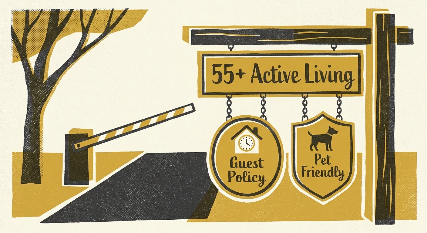 A screenprint illustration of a 55 plus community entrance sign with icons representing guest policies and community rules.