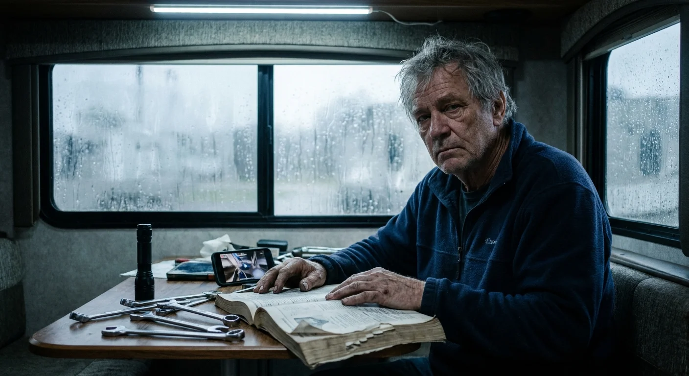 A senior man works on a mechanical repair inside his RV during a rainstorm.