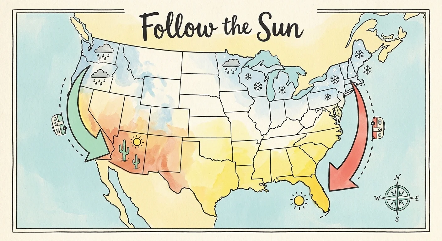 A stylized watercolor map of the US showing arrows moving toward warm climates for the winter.