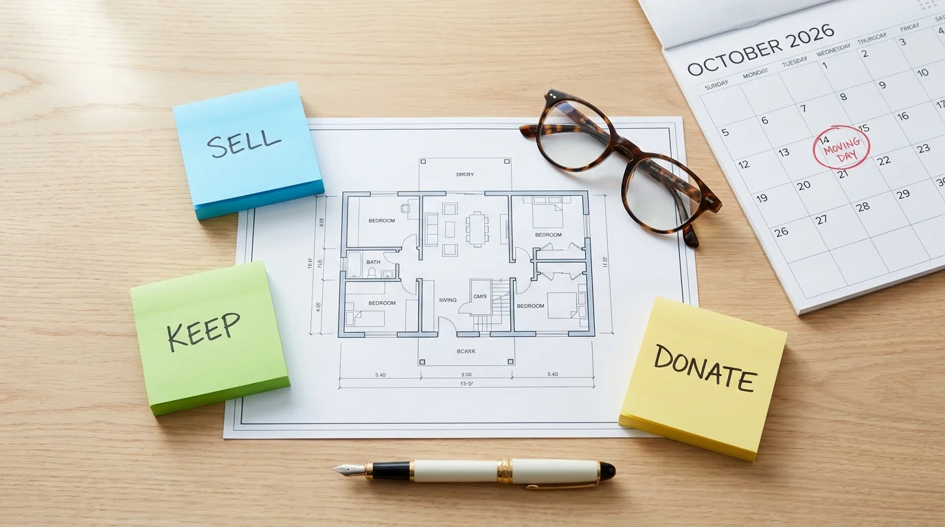 A top-down view of a small home floor plan with 'Keep', 'Sell', and 'Donate' labels and a calendar marked 'Moving Day'.