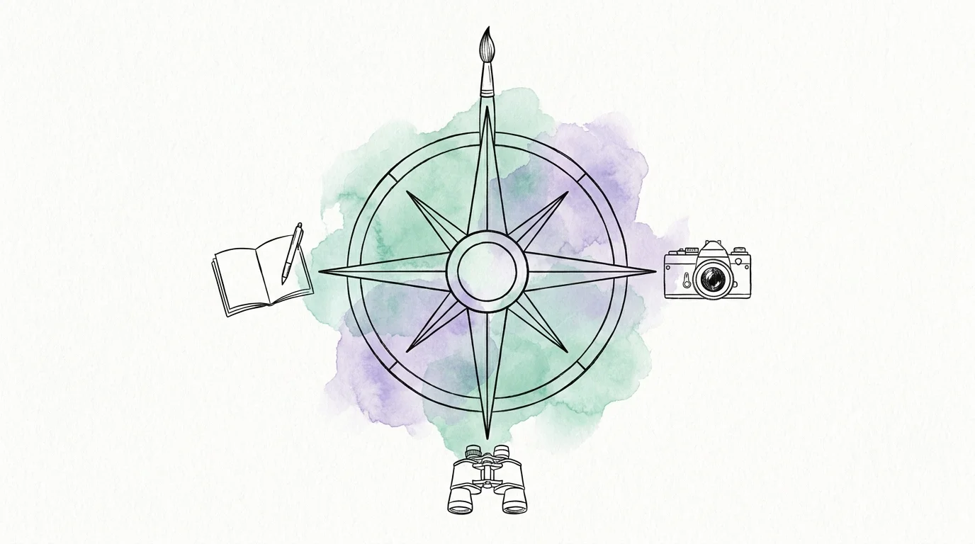 A watercolor illustration of a compass where the needles are creative tools like a paintbrush and camera.