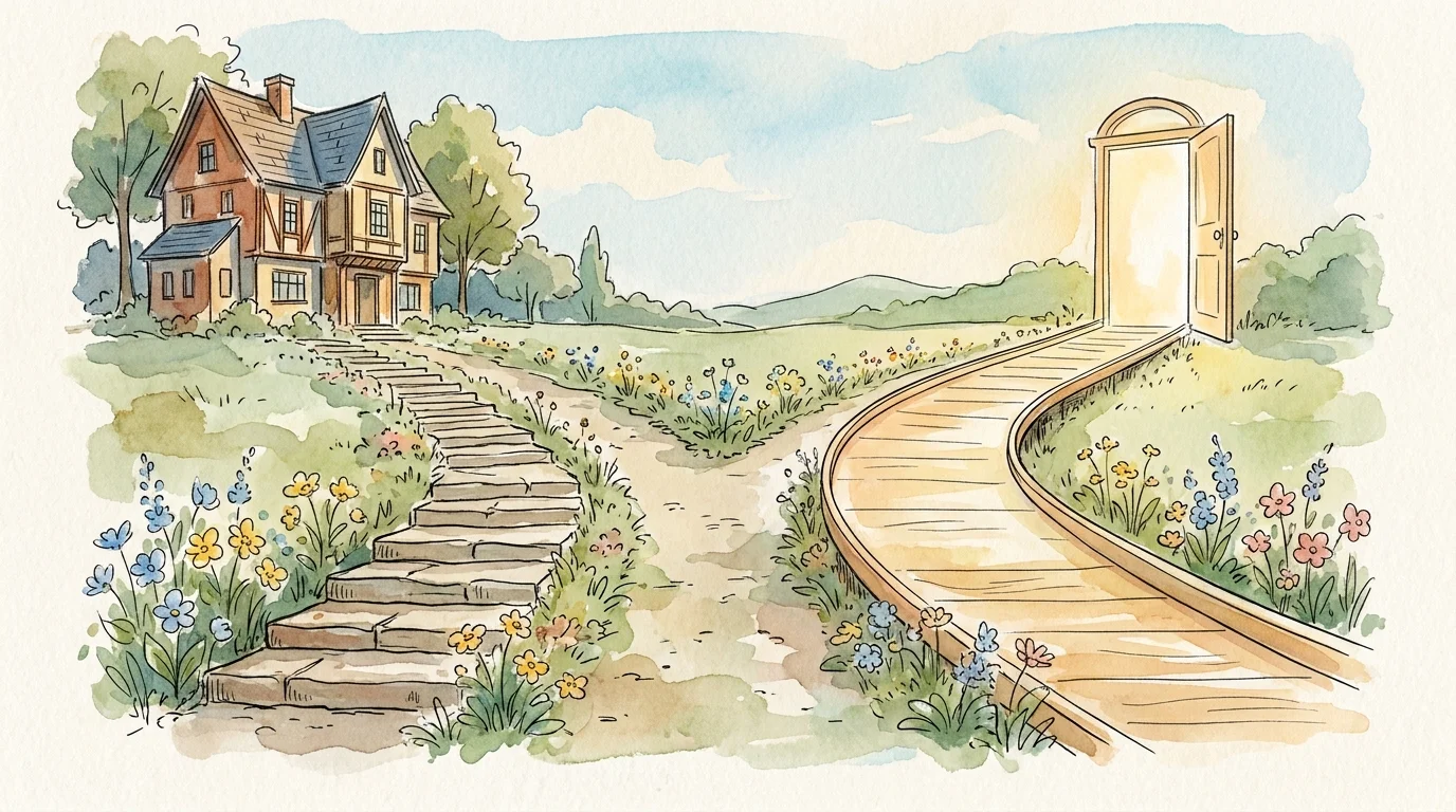 A watercolor illustration of a garden path splitting toward stairs and an accessible ramp.