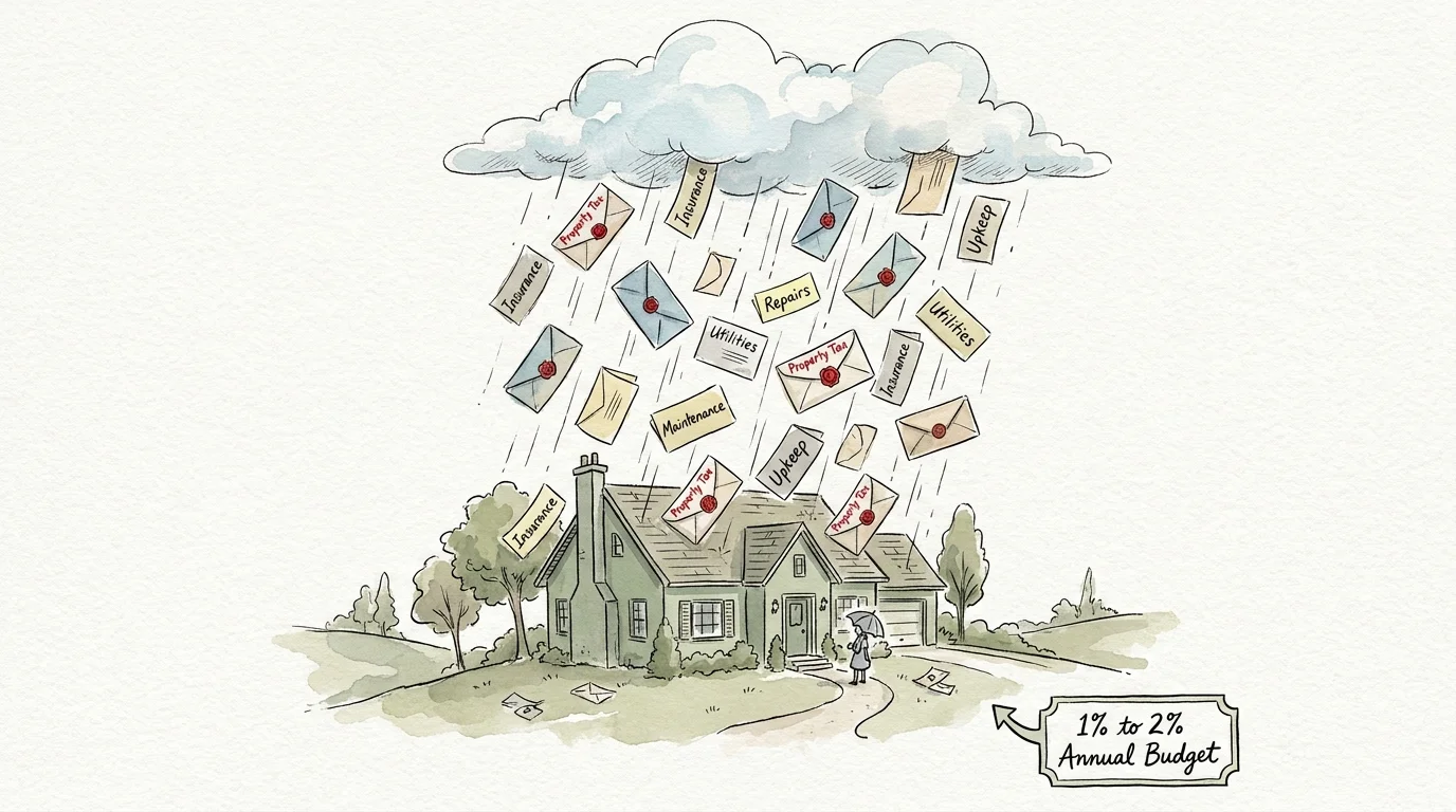 A watercolor illustration of a house being rained on by envelopes labeled Property Tax and Insurance.