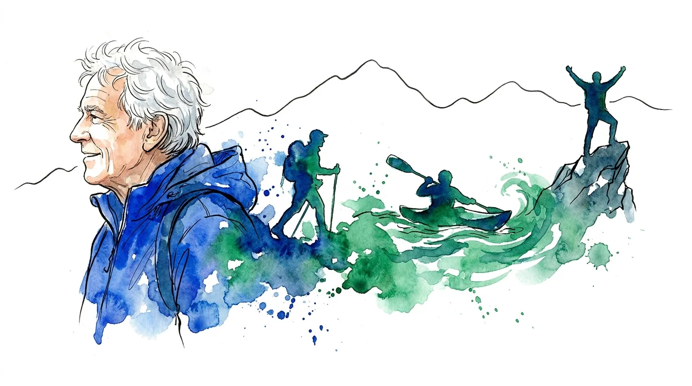 A watercolor illustration of an active senior transitioning through various outdoor activities like hiking and kayaking.