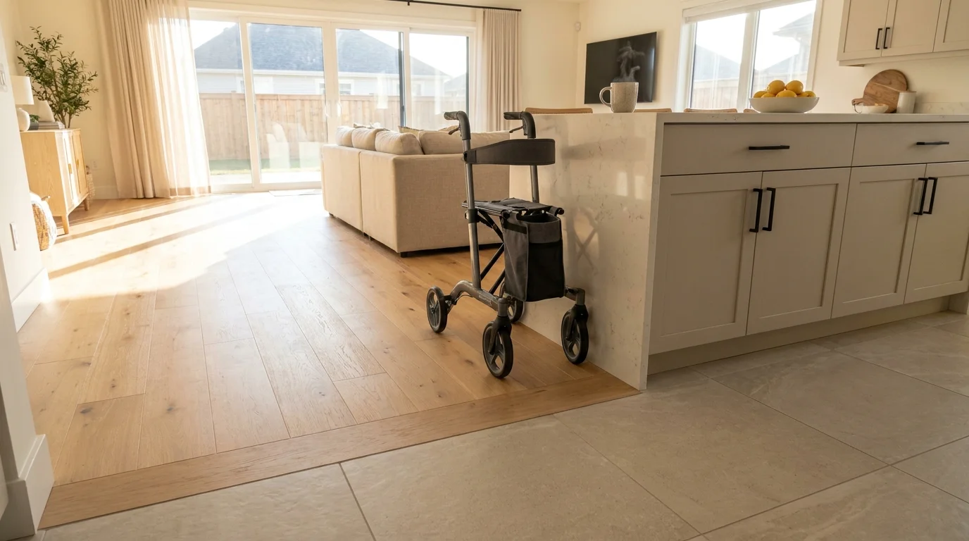 A wide, low-angle photo of a modern home interior with wide doorways, no-step flooring transitions, and accessible kitchen features.