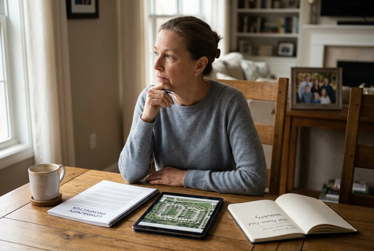 A woman sits at a table carefully reviewing community documents and taking notes to avoid mistakes during her retirement move.