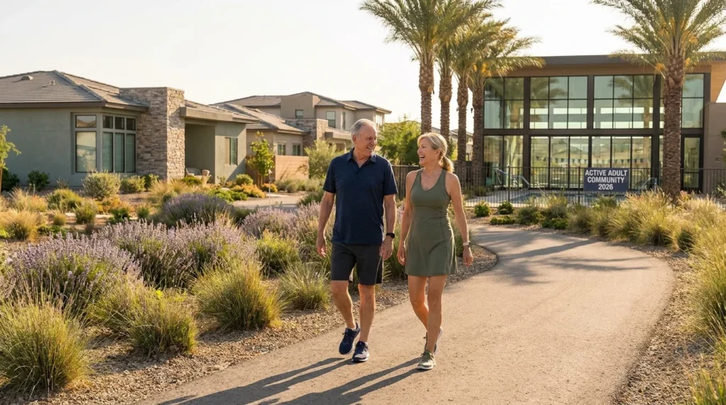 An active senior couple walks through a modern, landscaped 55 plus community featuring contemporary architecture and a fitness center.