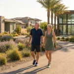 An active senior couple walks through a modern, landscaped 55 plus community featuring contemporary architecture and a fitness center.