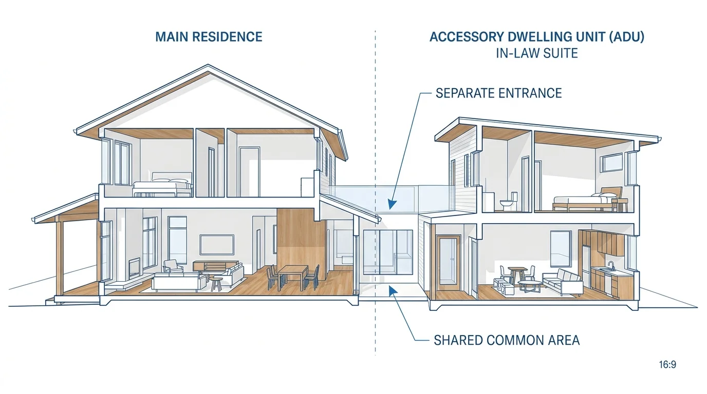 An architectural diagram showing a house layout with a main residence and a separate Accessory Dwelling Unit or in-law suite.