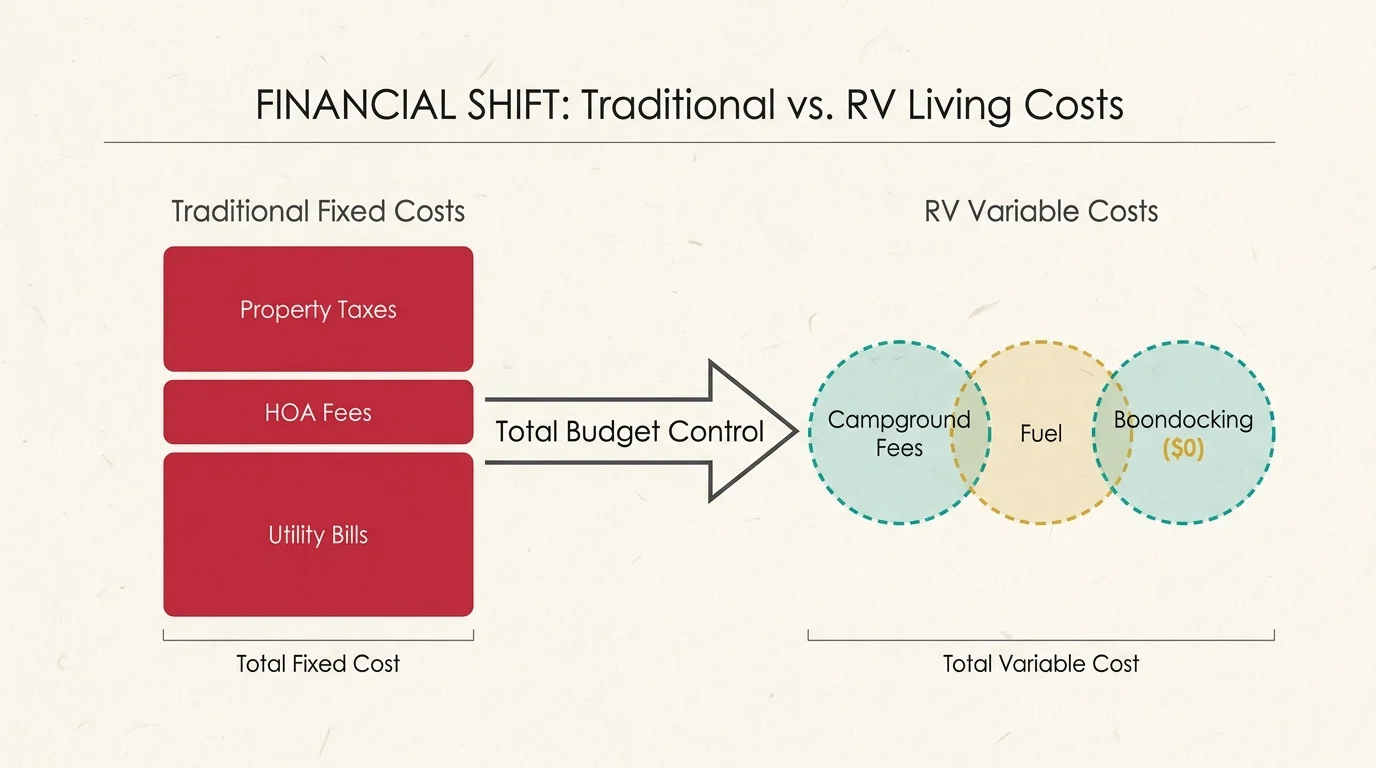 An infographic comparing fixed home costs like property taxes to controllable RV costs like campground fees.