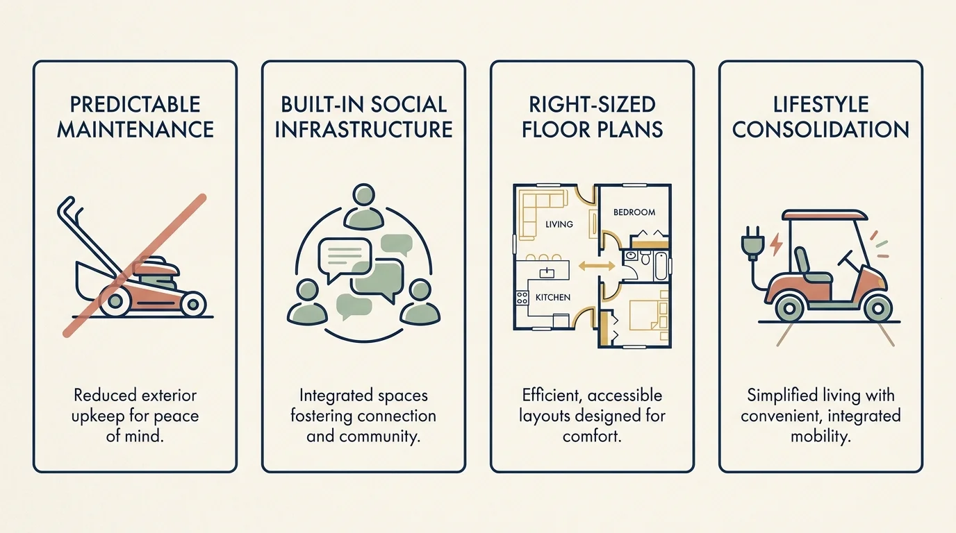 An infographic showing four benefits of 55 plus living: Maintenance, Social Infrastructure, Floor Plans, and Lifestyle Consolidation.
