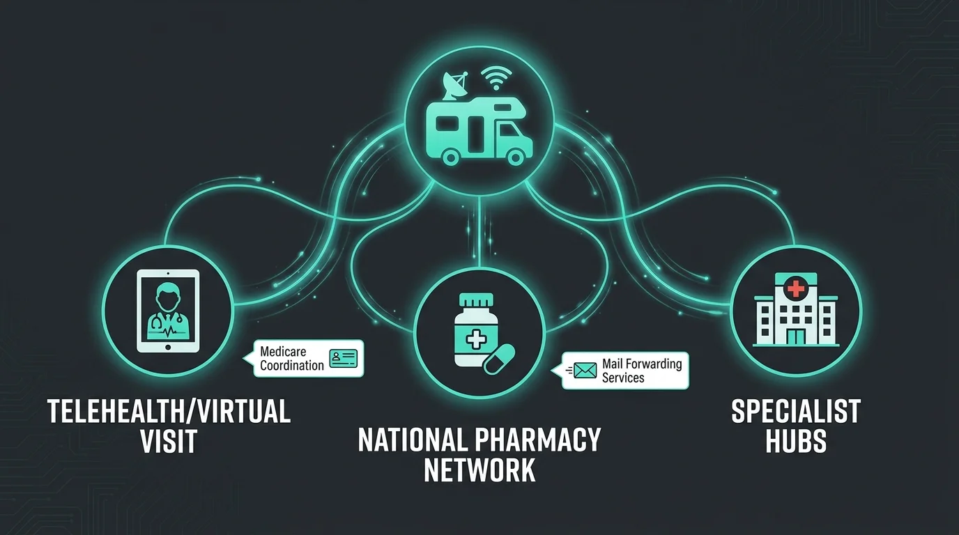 An infographic showing how retirees manage healthcare through telehealth and national networks while traveling.