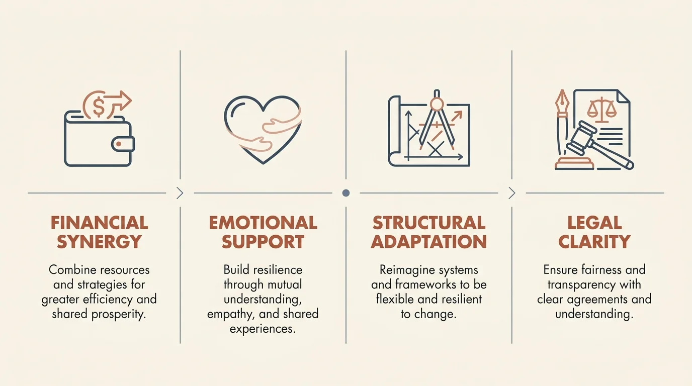 An infographic showing the four essentials of co-living: Financial Synergy, Emotional Support, Structural Adaptation, and Legal Clarity.