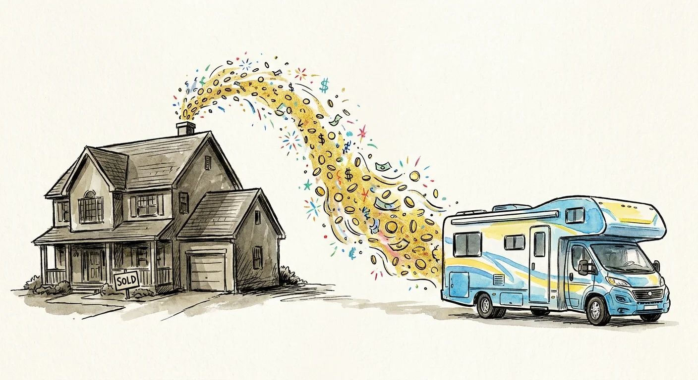 An ink and watercolor drawing showing a house transforming into a stream of gold coins that lead to a motorhome.
