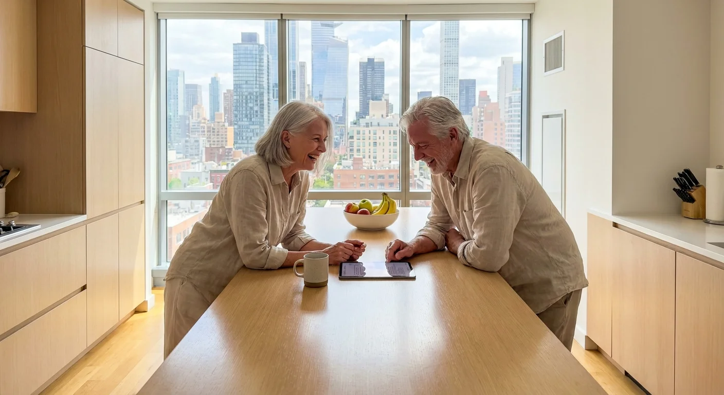 An older couple laughs while looking at a tablet in a modern, maintenance-free city apartment.