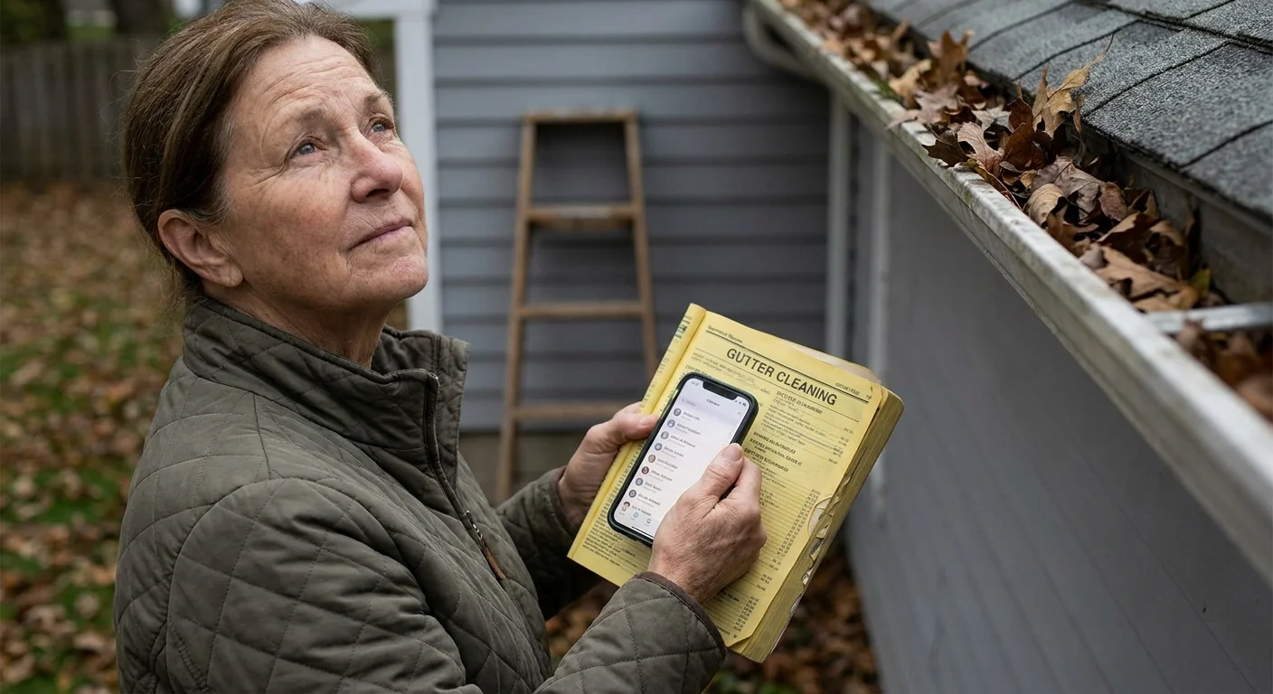 An older woman looks up at a clogged gutter while holding her phone to call for help.