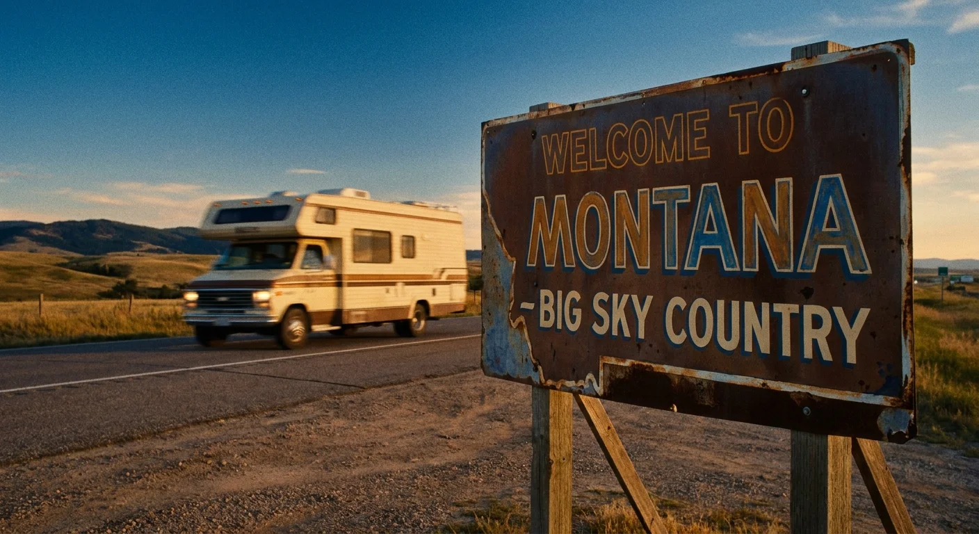 An RV drives past a state welcome sign on a wide-open highway under a big blue sky.