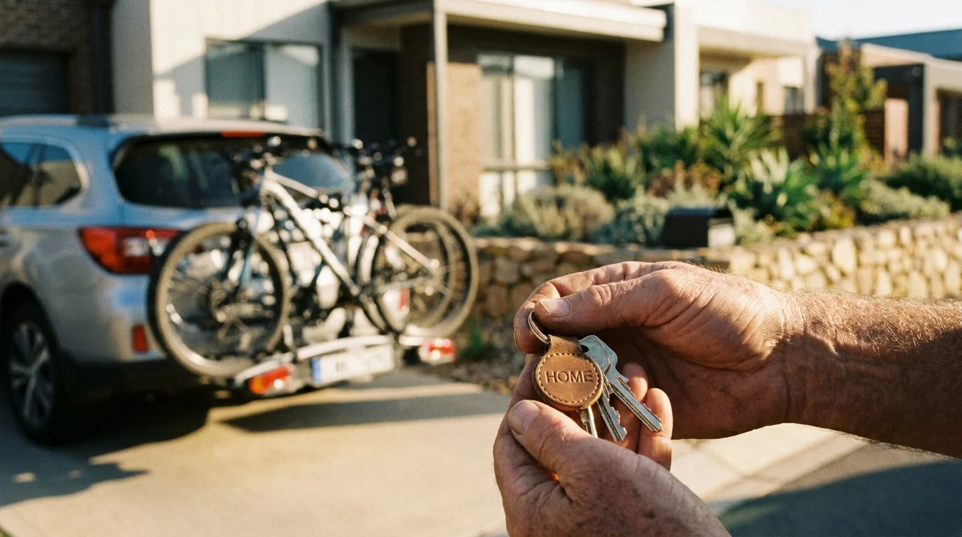Close-up of a retiree's hands holding keys with a mountain bike on a car in the background.
