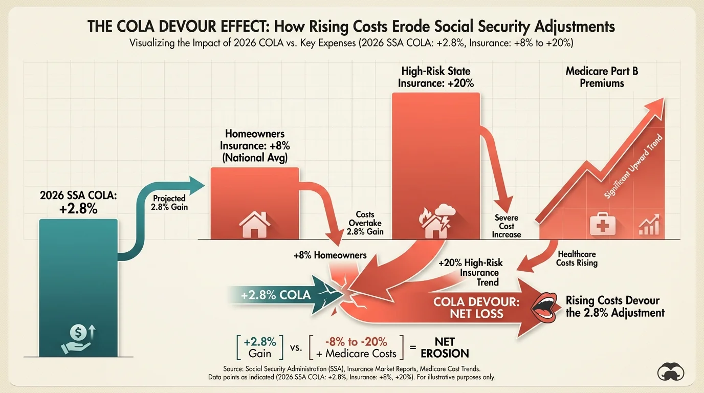Infographic showing how a 2.8% Social Security increase is outpaced by 8% to 20% rises in insurance and healthcare costs.